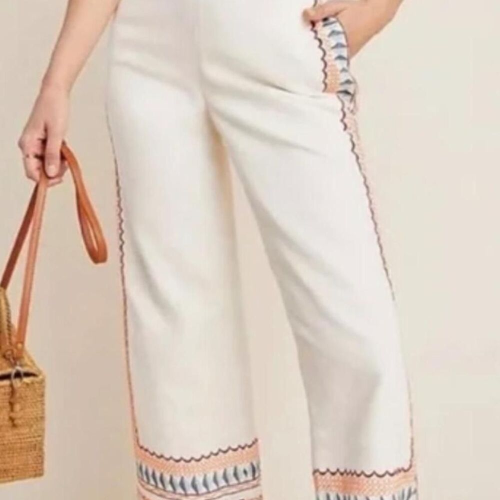 Wide Leg Embroidered White Crop Pants
